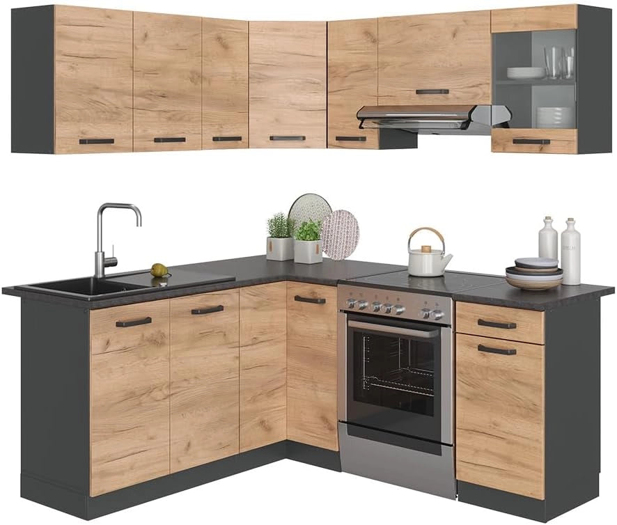 Cucina ad angolo Rick, Grigio prezioso/bianco, 190 x 60 cm, PL Marmo, con moduli posizionabili variabilmente e piedini regolabili in altezza