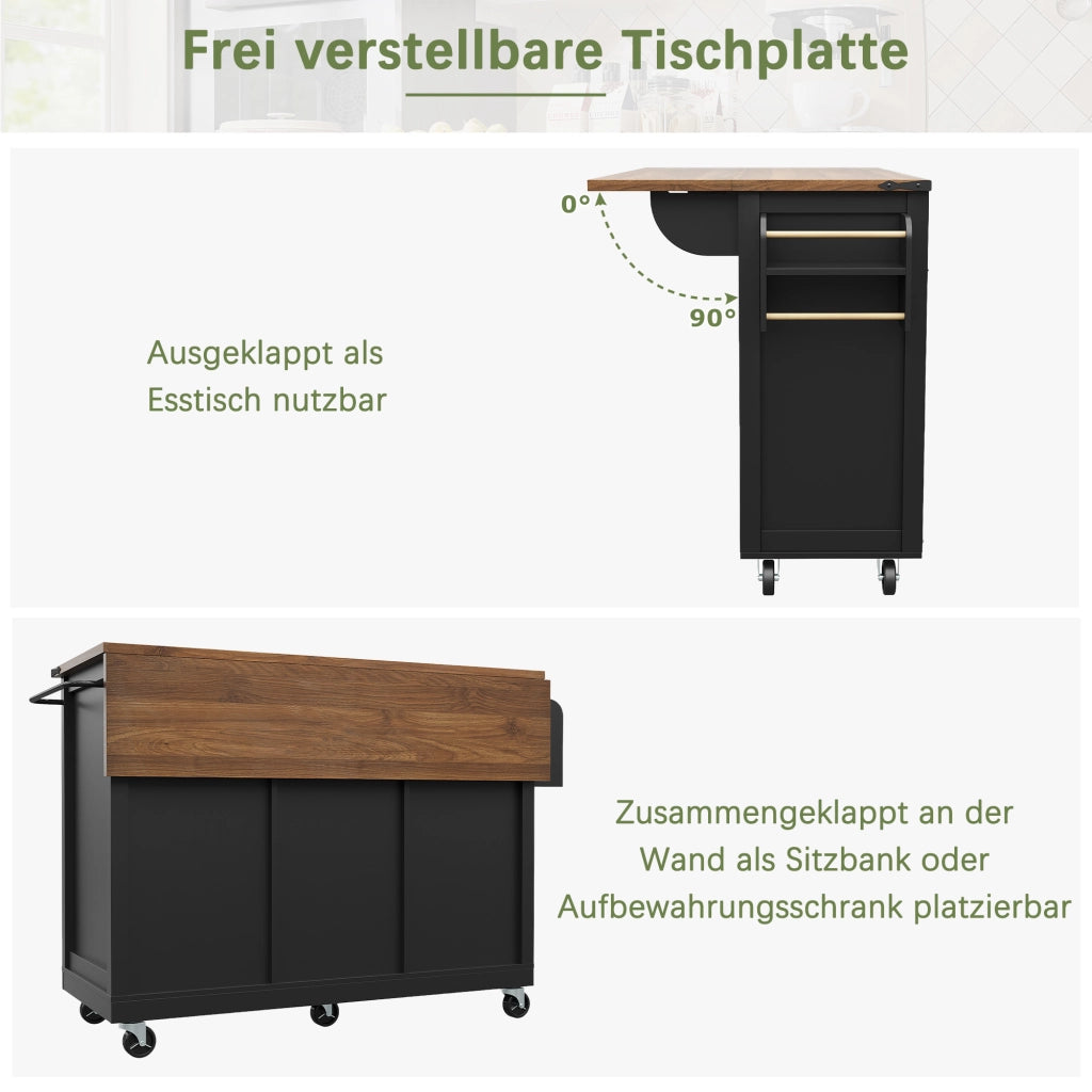 Carrello da Cucina con 3 Cassetti e 2 Ante Scorrevoli; Piano Pieghevole e Ruote; in MDF; Nero