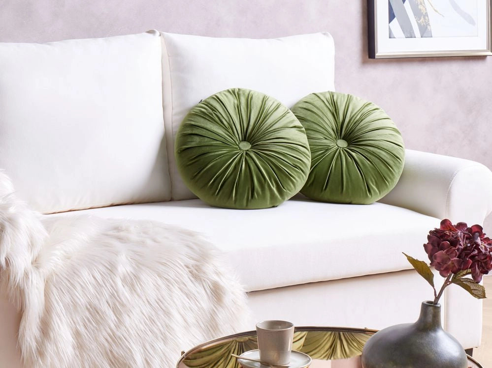 set di 2 cuscini decorativi moderni in velluto plissettato verde rotondo 38 cm soggiorno camera da letto