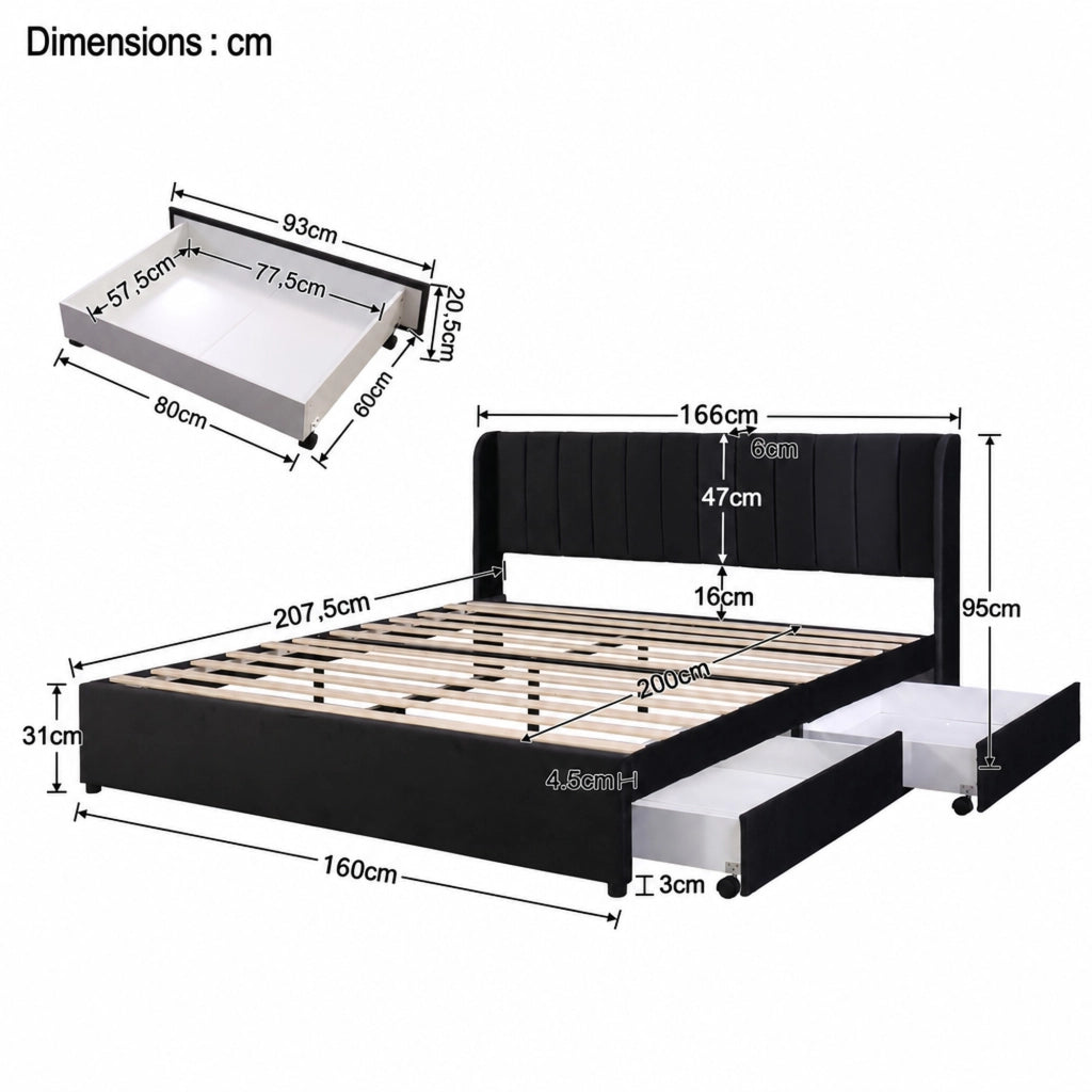 DESMIU Letto singolo 160 × 200 cm con testiera, 2 cassetti, senza materasso, in velluto nero