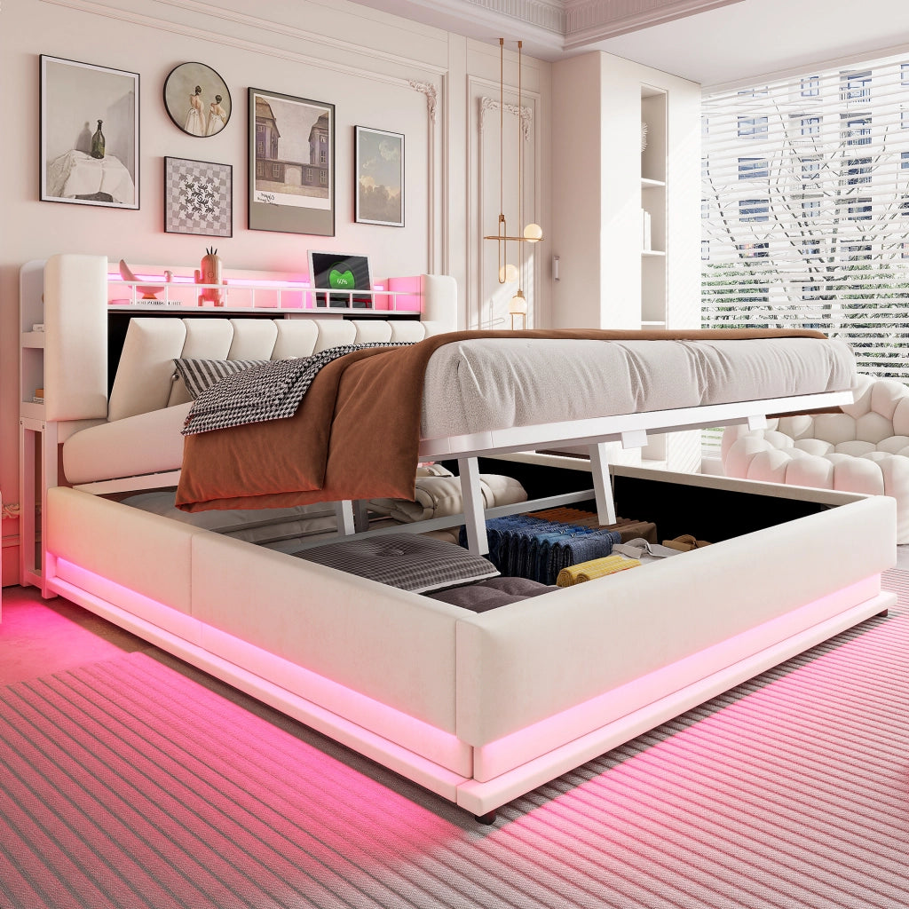Letto Contenitore 180x200 cm; con USB e LED; in Tessuto Imbottito; Beige