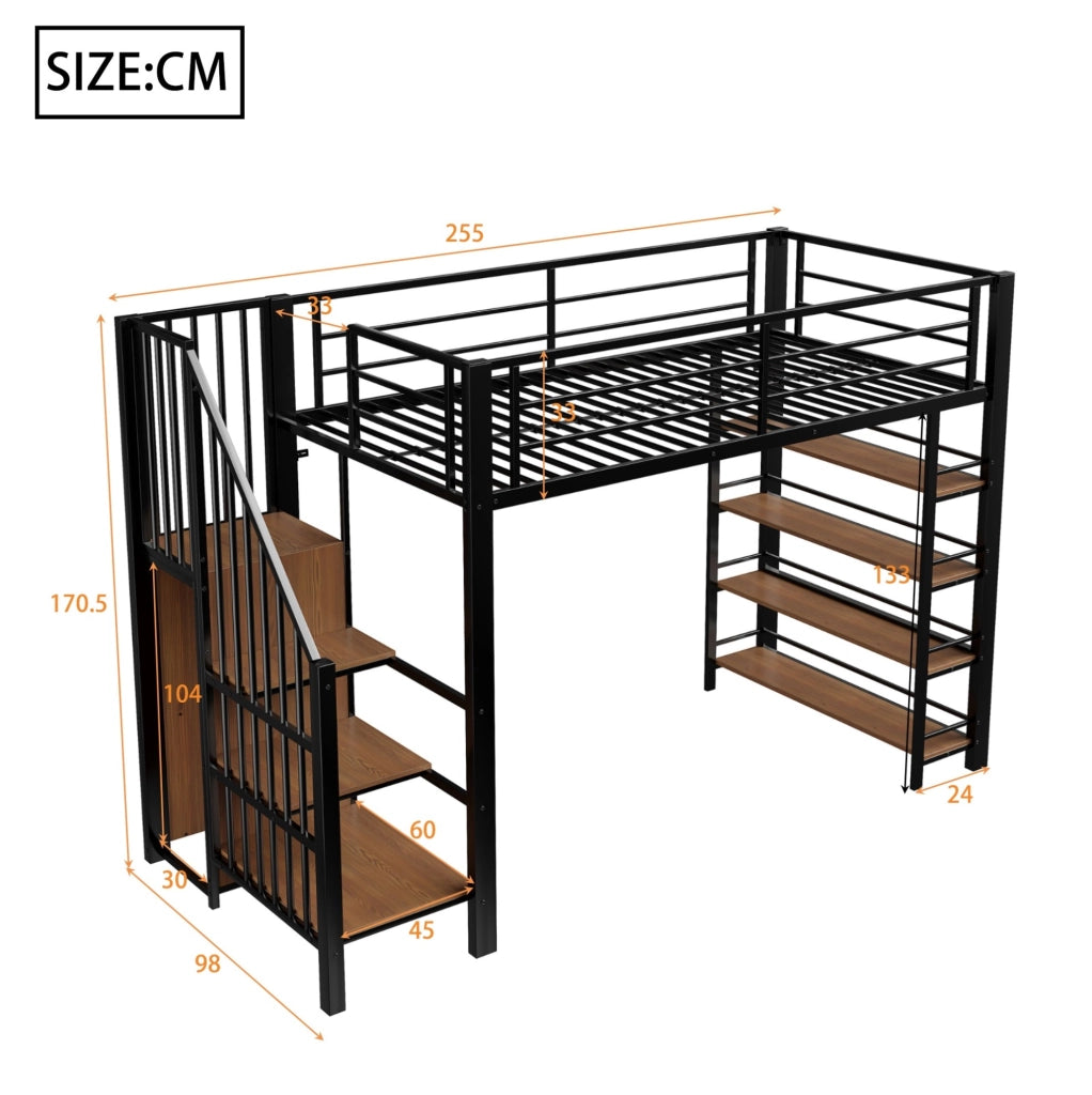 Letto a castello 90x200 cm in ferro con scala di sicurezza, armadio piccolo e ripiani, design con alta barriera, colore nero