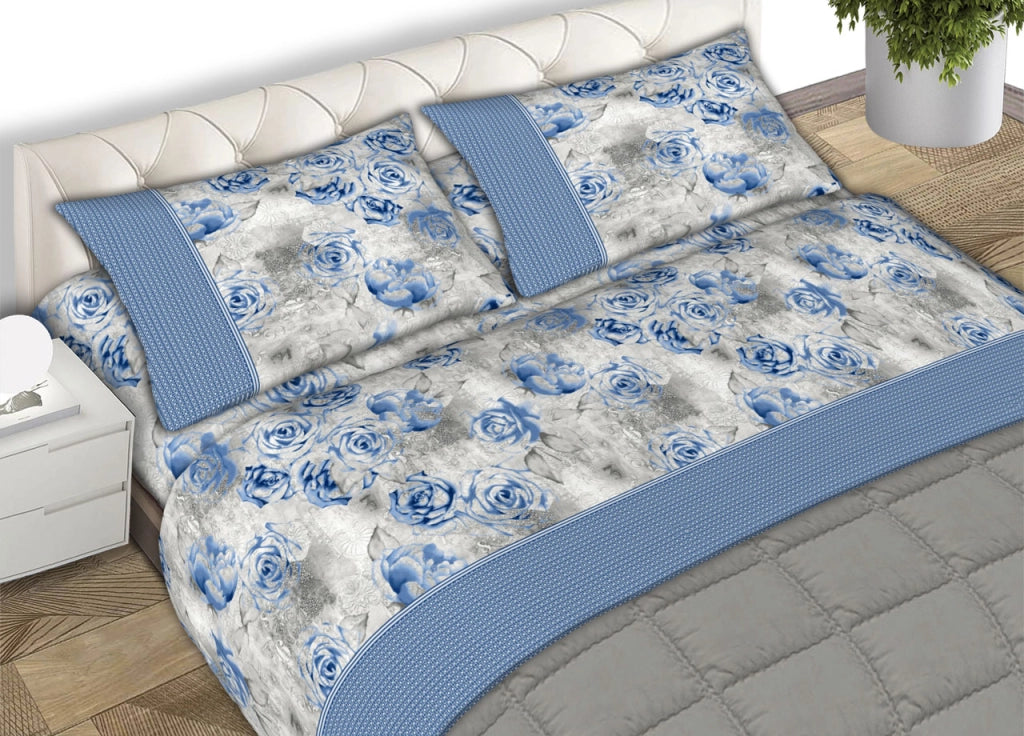 Completo Lenzuola Letto Matrimoniale 100% Cotone Made Italy Dis. Sonia CN - 2 Piazze - Azzurro