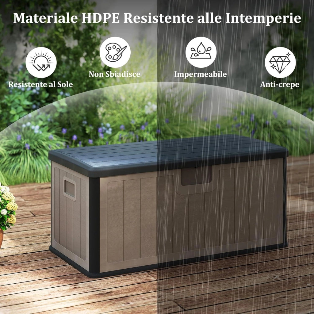 Baule da Esterno 378 L, Cassapanca Contenitore Impermeabile in Resina con Pistoni a Gas, Coperchio Bloccabile, Salvaspazio per Giardino, Cortile e Piscina, 130 x 64 x 59 cm (Marrone+Nero)