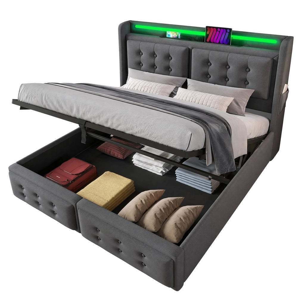 Letto matrimoniale 140x200 cm con testiera LED; prese USB e contenitore; grigio