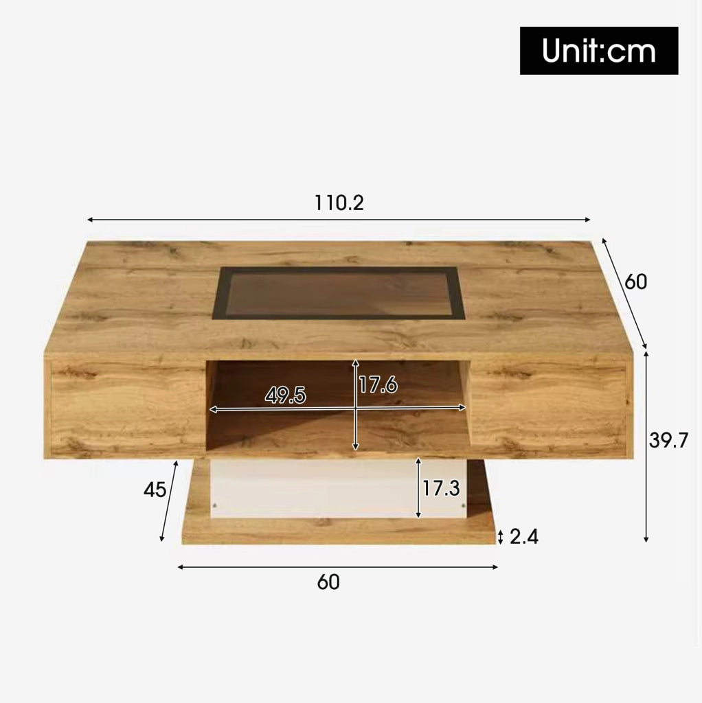 Tavolino da salotto con LED controllabile da app; piano in vetro; 110;2x60x39;7 cm; bianco e legno