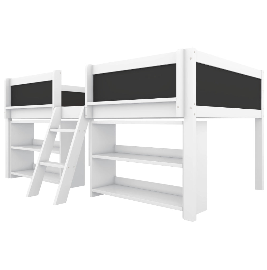 Letto semialto 90x200 cm con mensole, sponda di sicurezza e scala, bianco