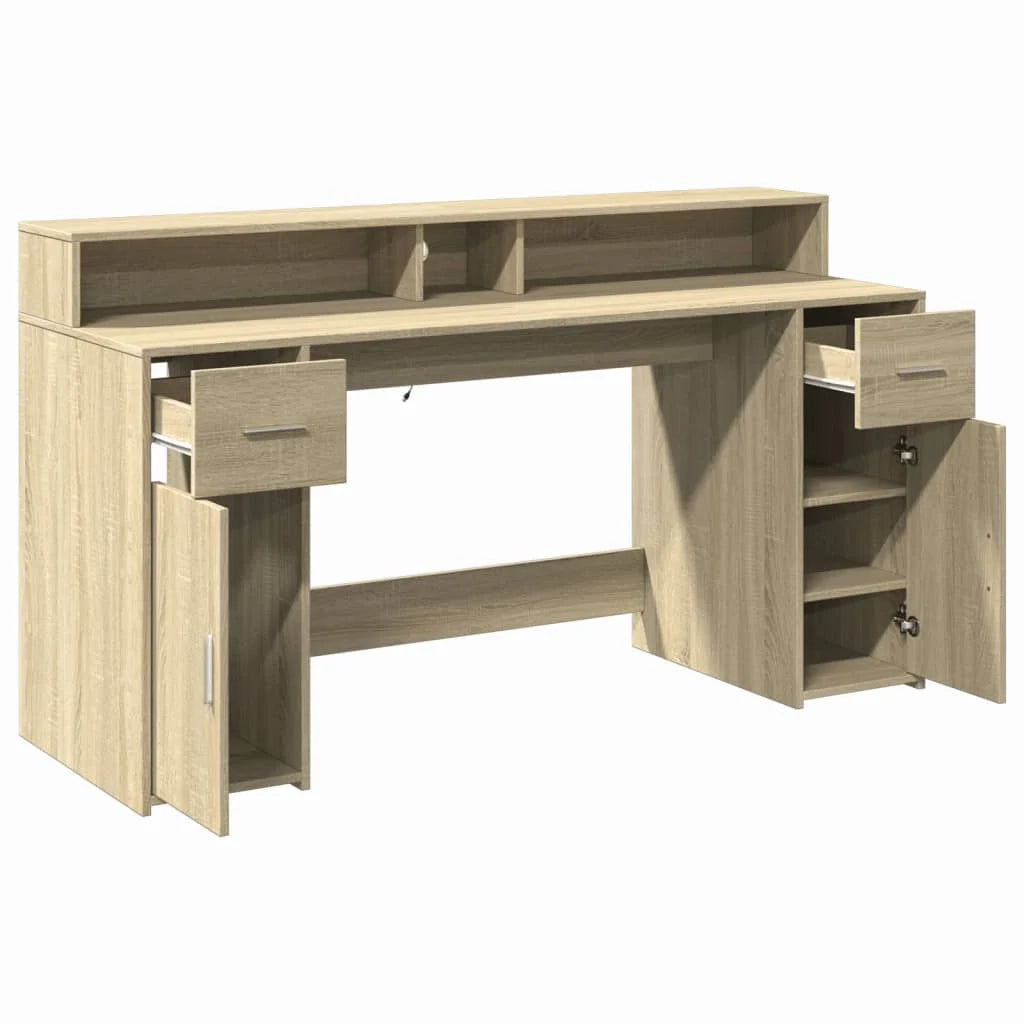 Scrivania tavolo postazione di lavoro mobile per computer scrivania da studio con luci a LED legno ingegnerizzato rovere Sonoma marrone 02_0023421