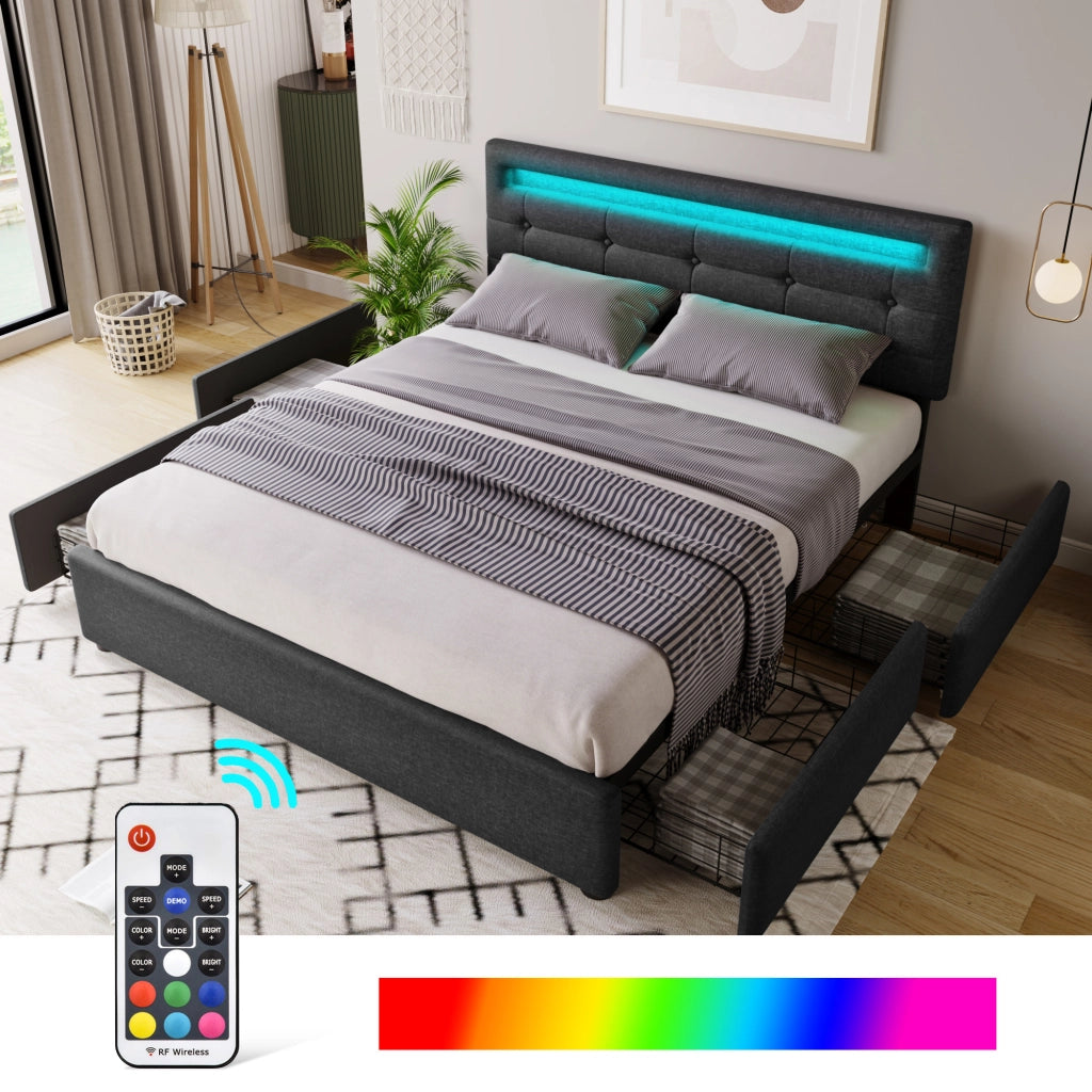 OKWISH Letto con Cassetti 140×200 cm, Letto Matrimoniale con LED Regolabile, 4 Cassetti e Testiera Regolabile, senza Materasso, Nero