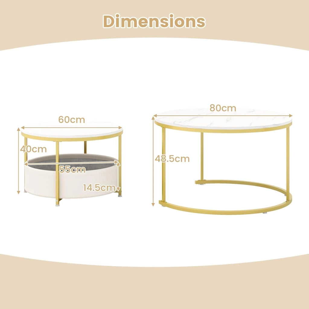 Tavolino rotondo da caffè, set di 2 tavolini con cestino portaoggetti, telaio in metallo, φ80 cm + φ60 cm, comodini per soggiorno, ufficio, camera da letto