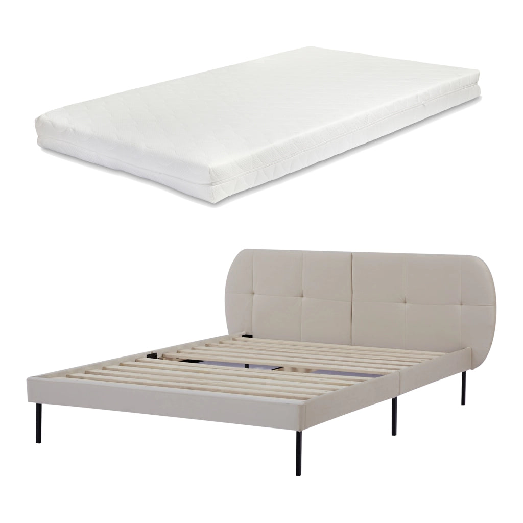 Letto Francese Porvoo con Testiera e Materasso 140x200 cm Rivestimento in Velluto - Beige [en.casa]