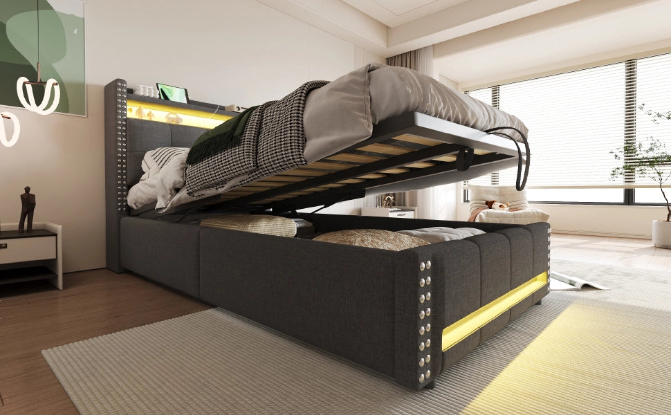 DESMIU Letto per bambini 90 × 200 cm con LED, USB, vano contenitore e idraulico, senza materasso, lino grigio