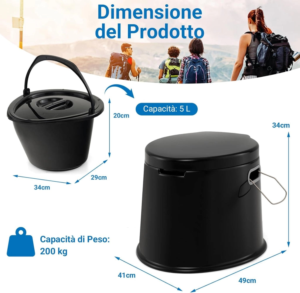 Toilette Portatile WC Chimico, WC da Viaggio Leggero con Secchio Interno Rimovibile,Water Portatile per Adulti e Anziani con Portarotolo, Supporto Carico 200 KG, 41 x 49 x 34 cm (Nero)
