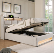 Letto imbottito 90x200 cm con contenitore; LED e USB; beige chiaro