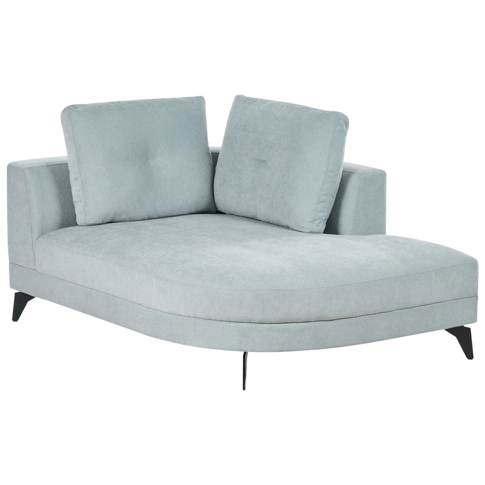 Chaise longue con rivestimento in ciniglia sintetico idrorepellente Gambe in ferro nero con cuscini azzurro lato sinistro stile moderno
