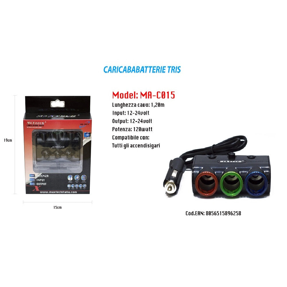 Trade Shop - Caricatore Usb Da Auto Per Accendisigari Universale 120w Accessori 3x1 Maxtech Ma-c015 -