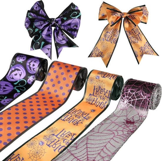 Ribbona a filo elettrico per Halloween - Nastro a forma di ragnatela e zucca - 4 rotoli da 55m - 64cm x 55m - Blu arancione