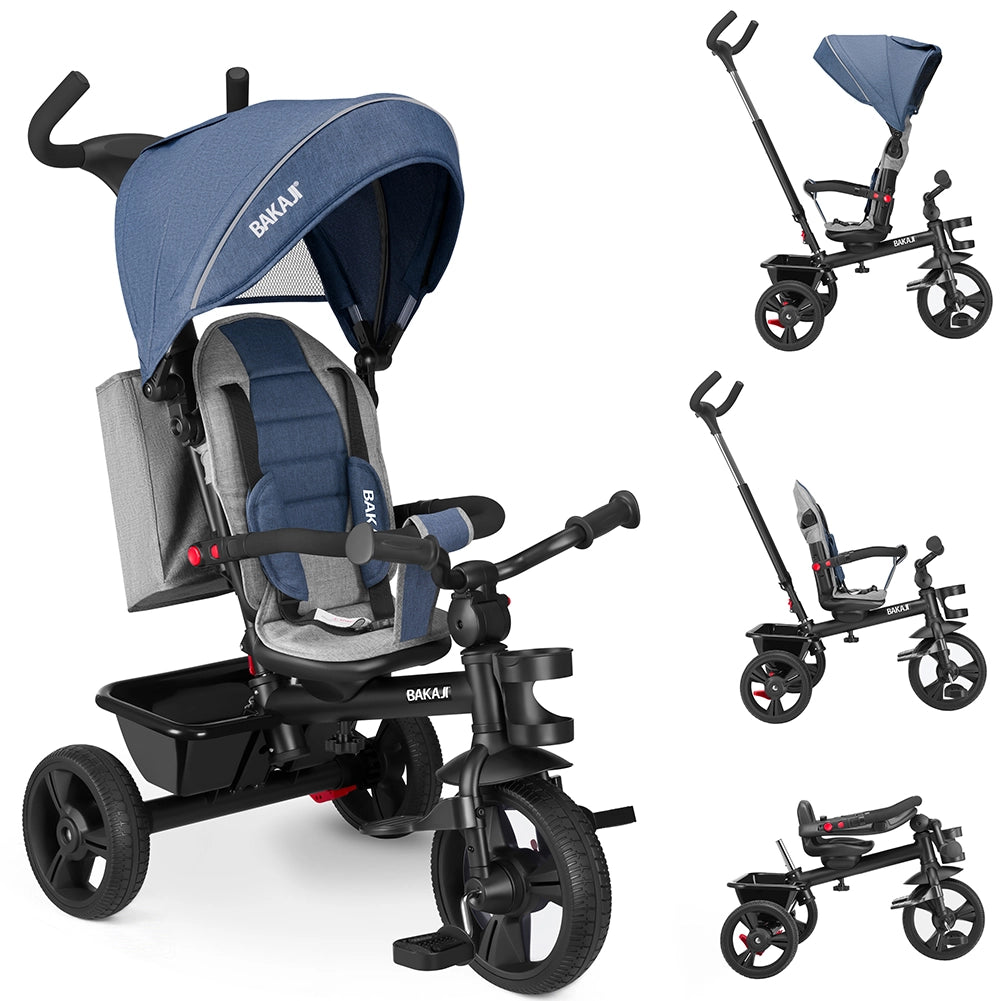 Triciclo per Bambini 5in1 Cappottina Pedali e Manico Antiscivolo Ergonomico Blu