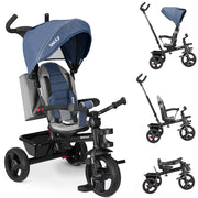 Triciclo per Bambini 5in1 Cappottina Pedali e Manico Antiscivolo Ergonomico Blu