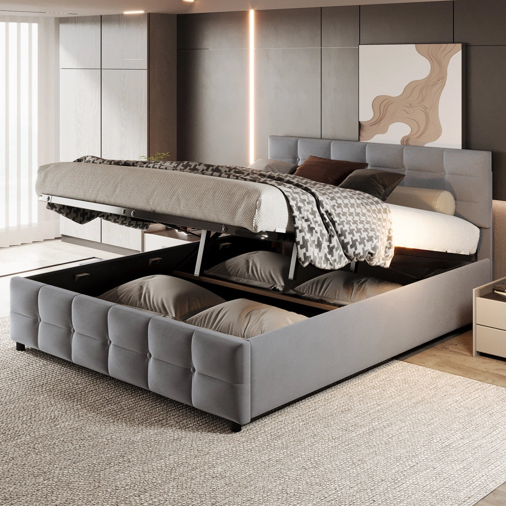 Letto Contenitore 180x200 cm; Letto Matrimoniale; sollevamento idraulico; in Velluto Olandese; Grigio