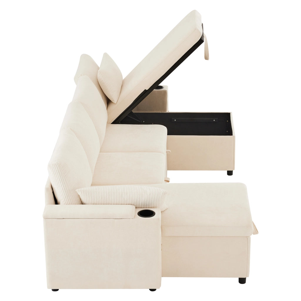 Divano angolare convertibile 4 posti con vano contenitore, portabicchieri e cuscini, in Chenille e Corduroy Beige