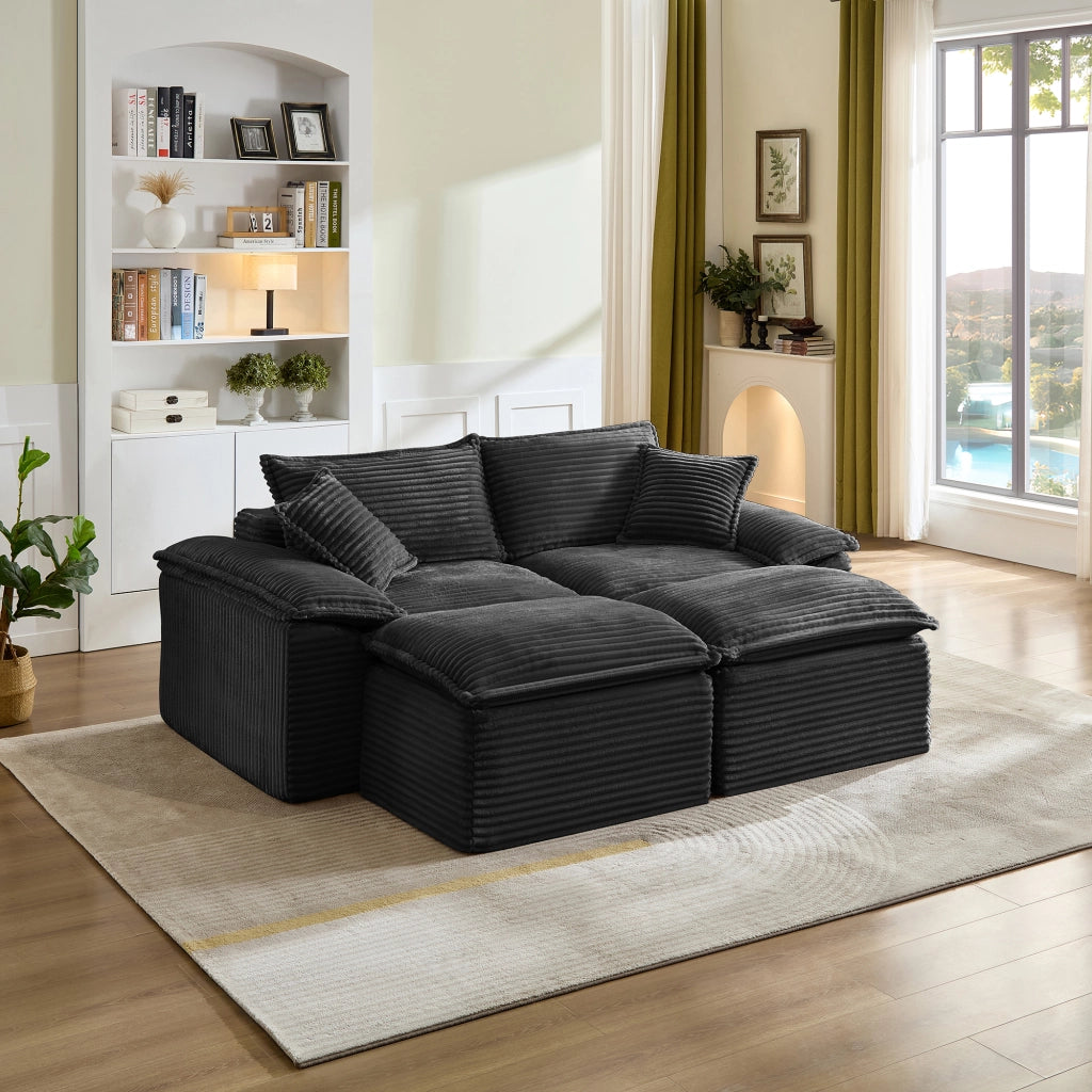 Divano a 2 posti con pouf in velluto a coste, schiuma elastica e molle, facile da pulire, per soggiorno, nero