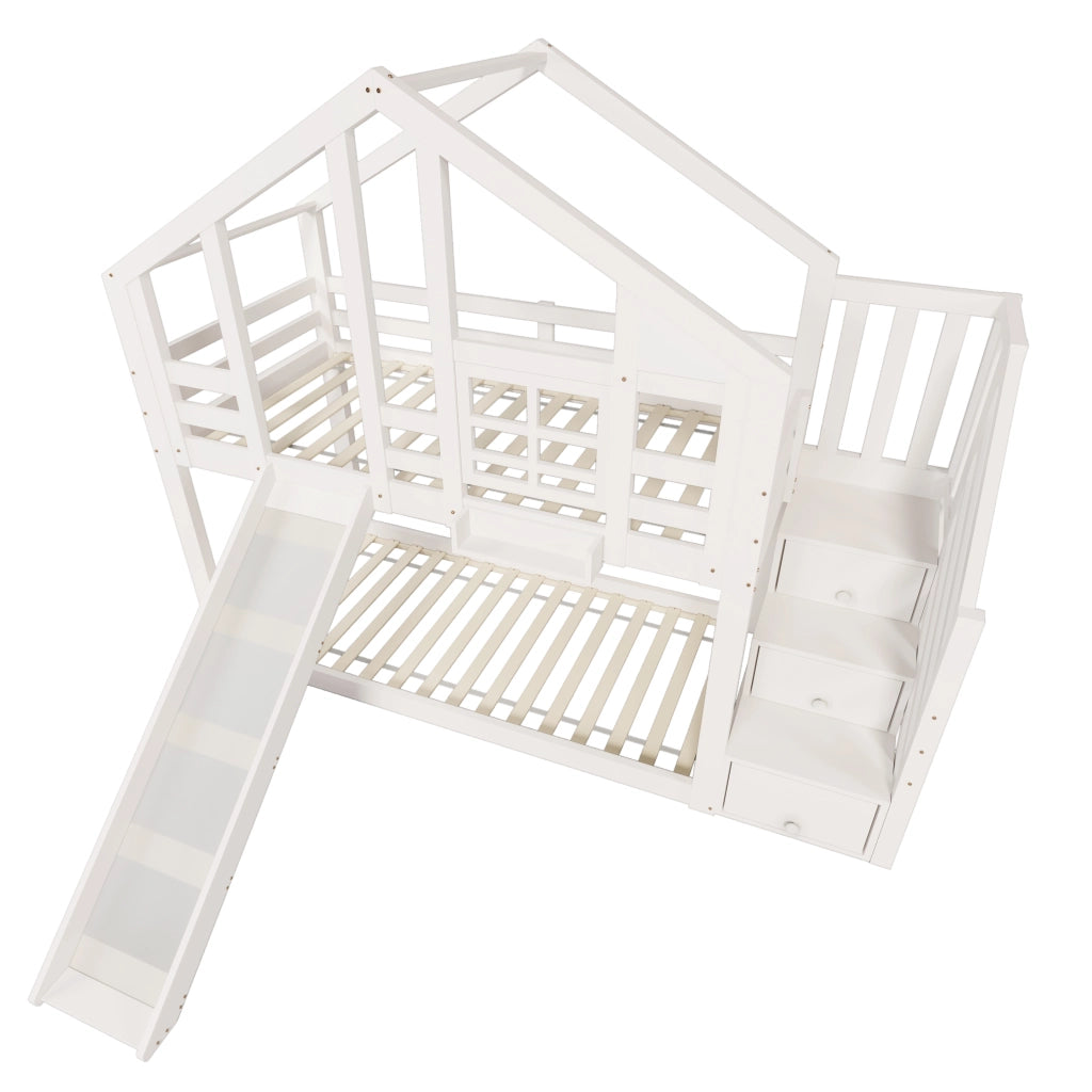 Letto a castello per bambini 90x200 cm in legno massello e MDF, bianco, con scivolo e contenitore