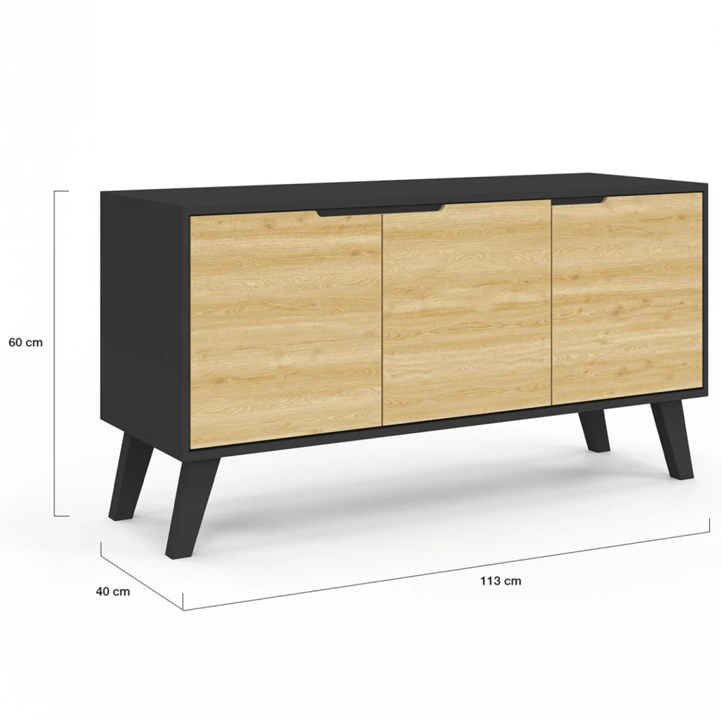 IDMarket - Credenza bassa scandinava 113 cm FINN nero 3 ante effetto faggio