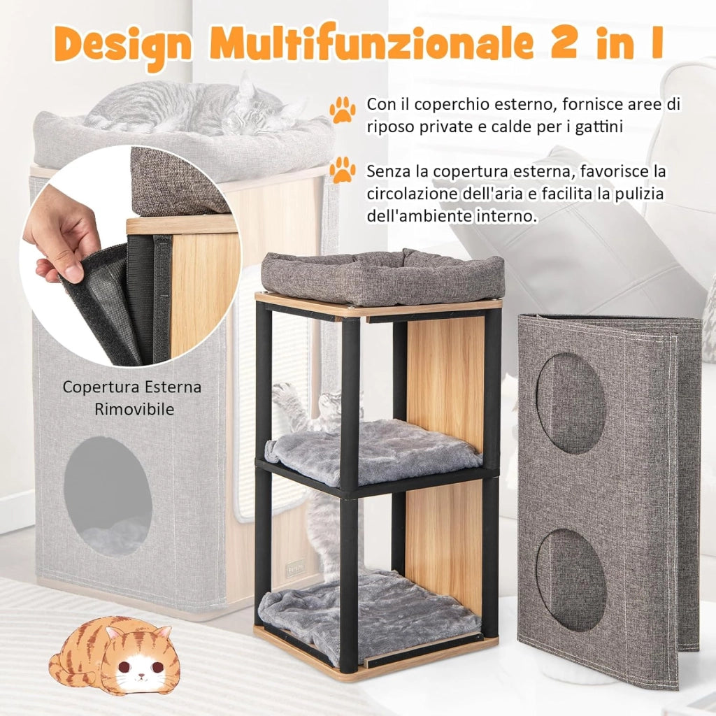 Casetta per Gatti a 3 Piani, Cuccia per Gatti con Tiragraffi, 2 Scomparti Coperti e 3 Materassini, Casa per Gatti Moderna con Graffiatoio da Interno (Grigio)