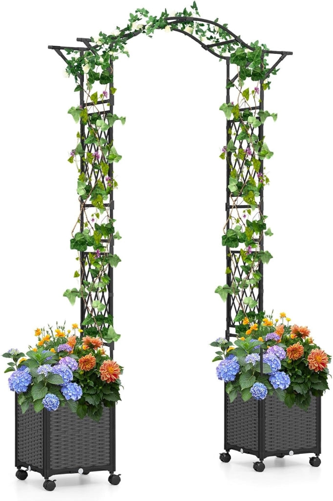 Arco da Giardino con 2 Fioriere Auto-irriganti e Ruote, Supporto per Piante in Metallo Rivestita PE Antiruggine, Grande Arco per Viti e Rose da Matrimonio all'Aperto (Nero)