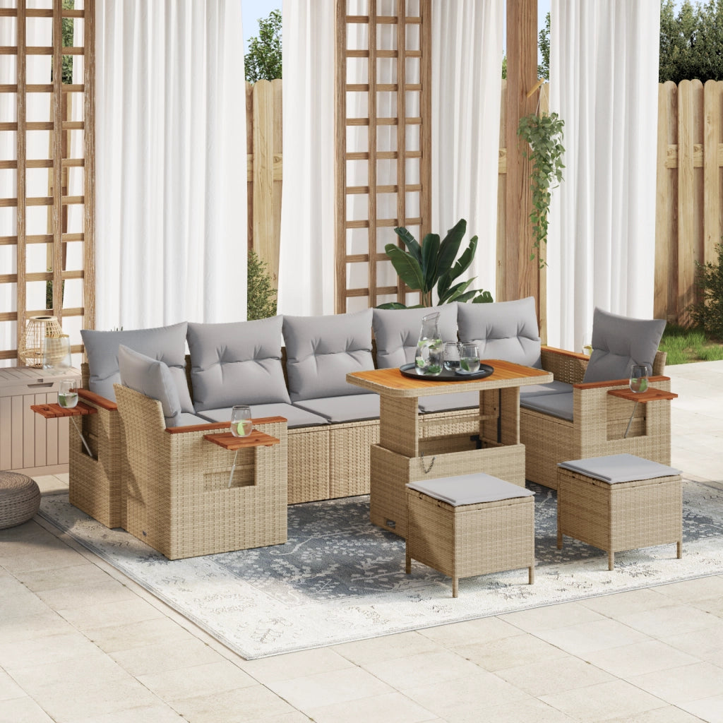 Set Divano Giardino 10 Pezzi Cuscini Beige Polyrattan Acacia