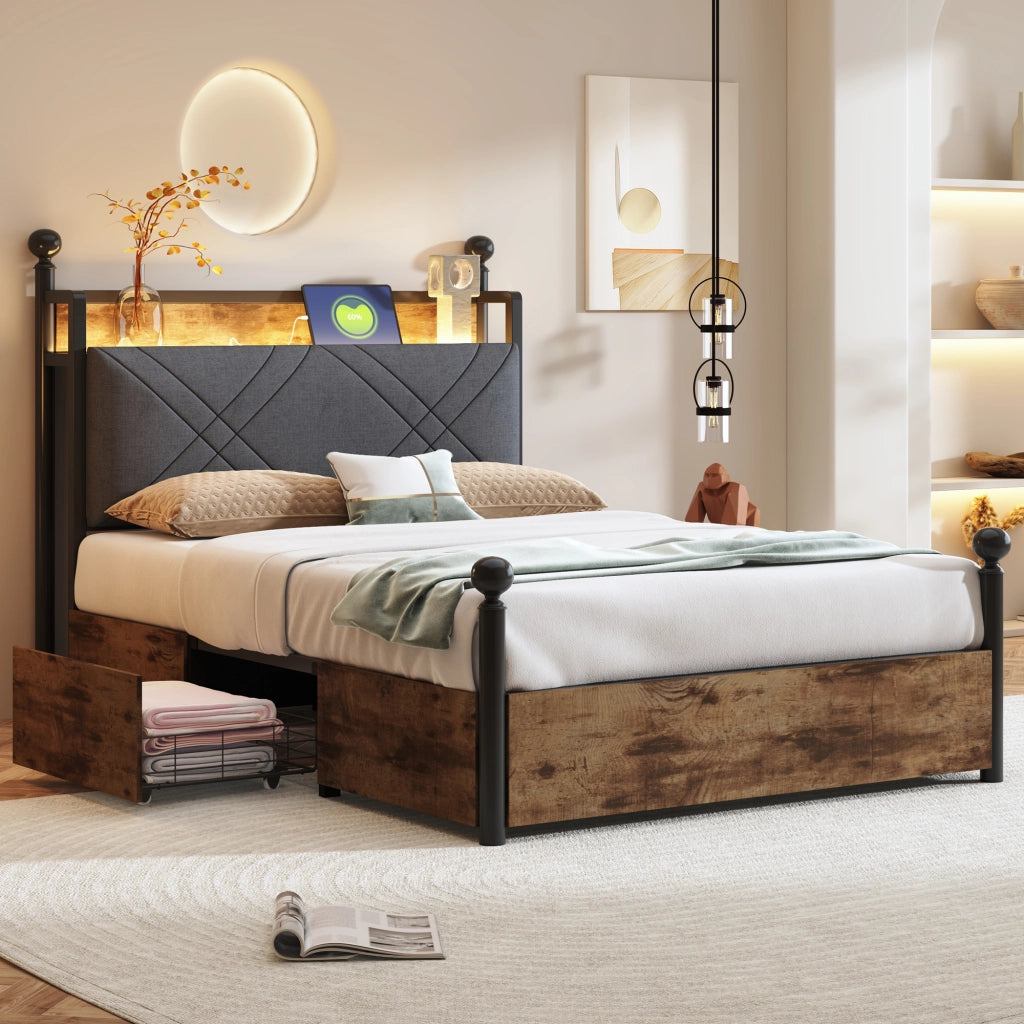 Letto singolo 90×190 cm con contenitore; LED; USB; Type-C e due cassetti; senza materasso; nero