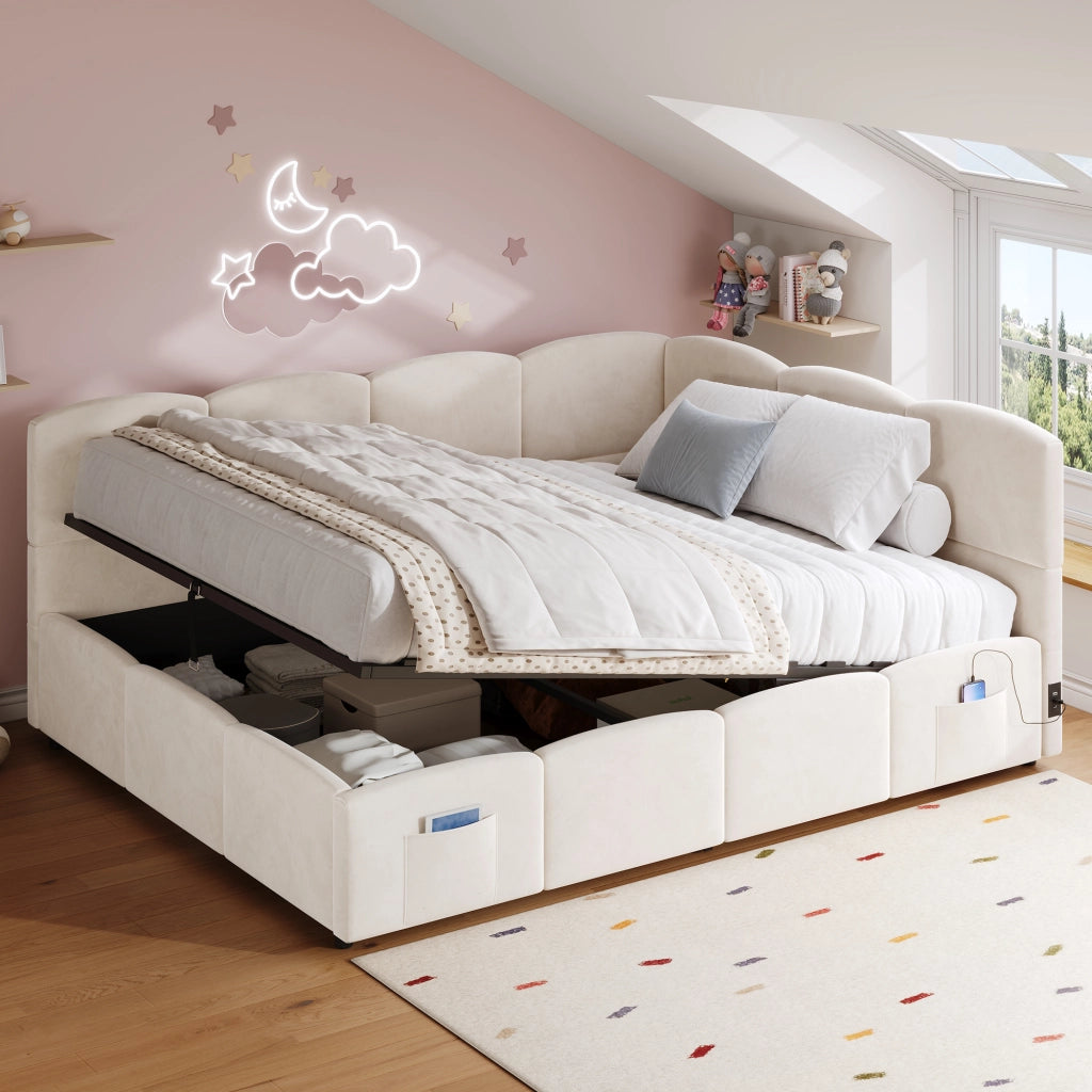 Letto imbottito con funzione divano e contenitore in velluto beige 140x190 cm