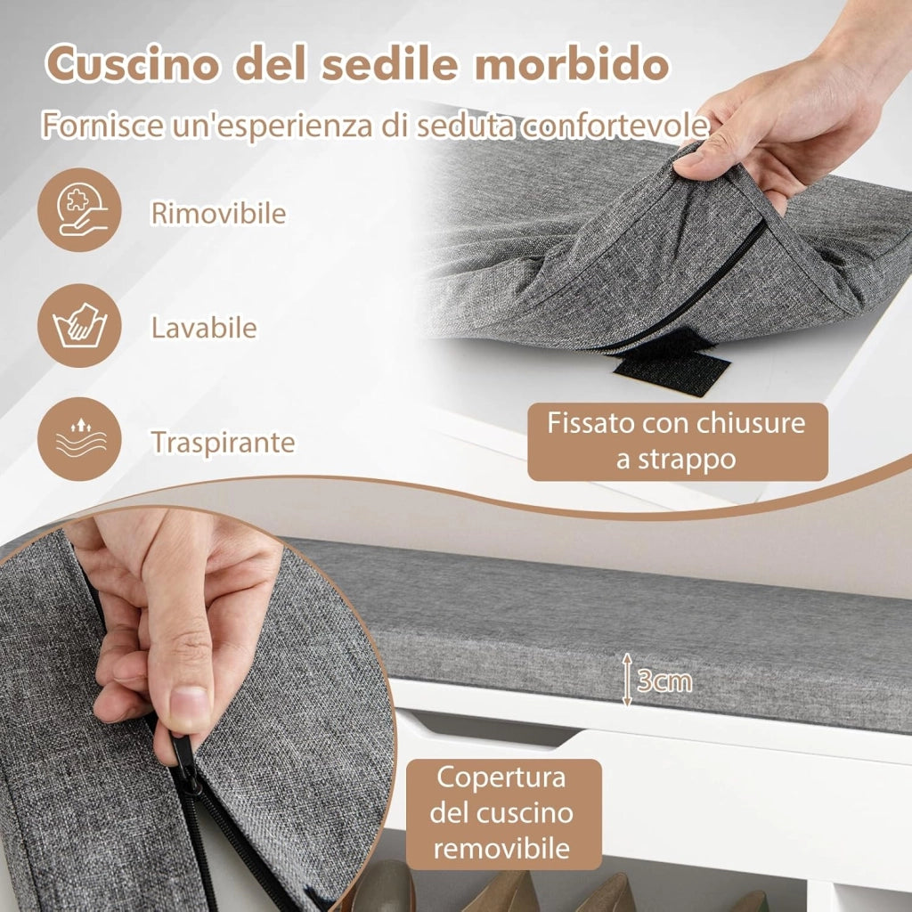 Scarpiera Panca con Cuscino, Scarpiera da Ingresso Salvaspazio, Panca Contenitore per Ingresso Corridoio, 104x30x48 cm, Carico 150 kg (Grigio)