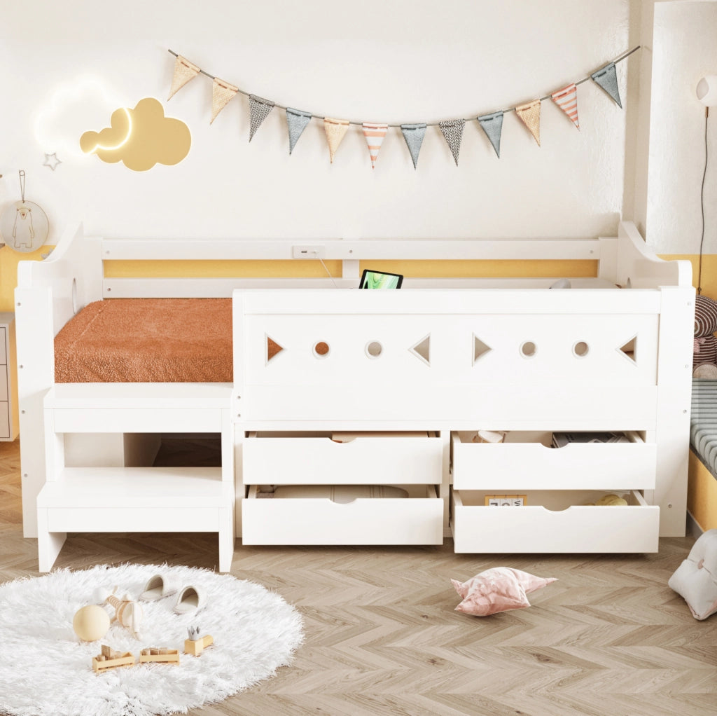 Lettino per bambini 90x200 cm in legno bianco con contenitore; LED e porte USB