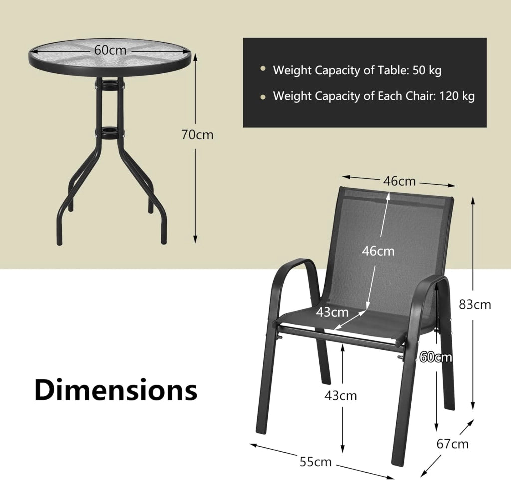 Set di 2 Sedie da Giardino con Tavolo in Vetro, Schienale Alto e Seduta Larga, Telaio in Acciaio Verniciato a Polvere, Tessuto Textilene Traspirante, per Balcone e Esterno (Nero)