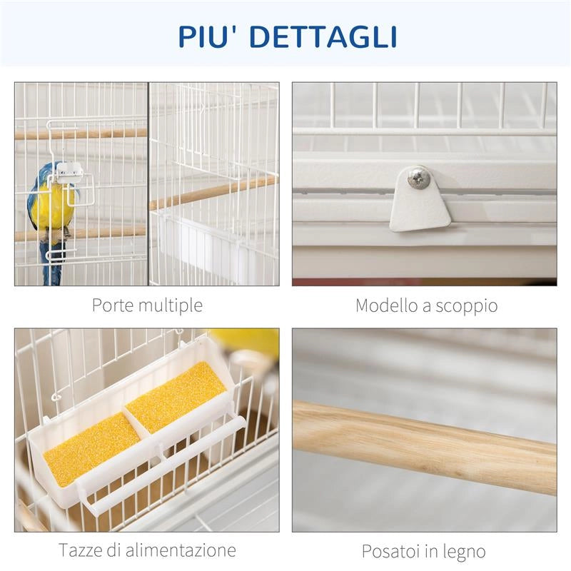 GABBIA PER UCCELLI DA INTERNI CON VASSOIO ESTRAIBILE, 4 RUOTE E TRESPOLO, 78X52X132 CM, BIANCO