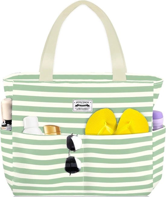 Borsa a tracolla per donne con chiusura a lampo impermeabile XXL borsa da famiglia - Bianco e verde a strisce 45 x 17 x 38 cm Modelli attuali