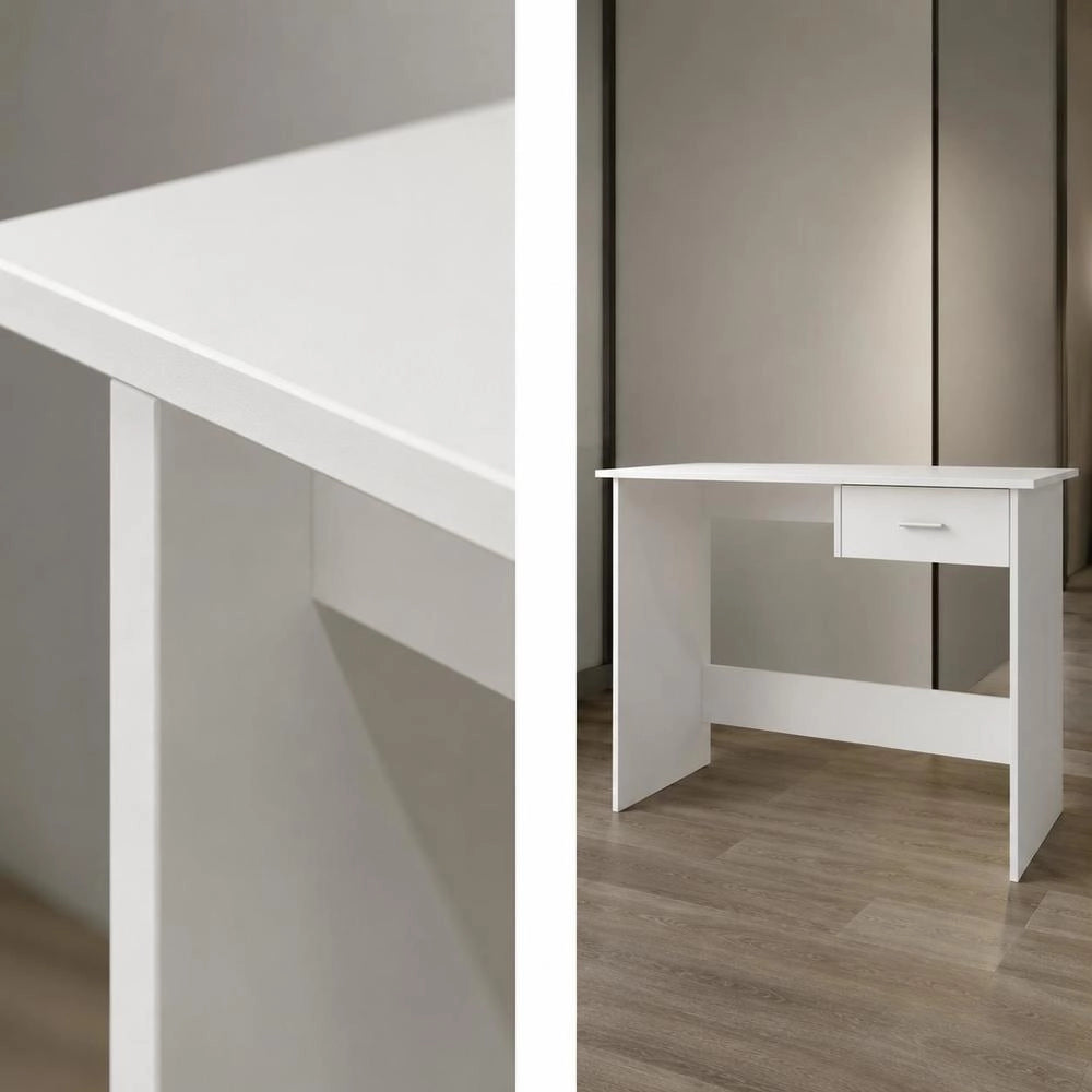 Modern White Desk With Drawer, Wooden Computer Table For Home Office Bedroom Small Space, Easy Clean Surface, 100x50x76 Cm