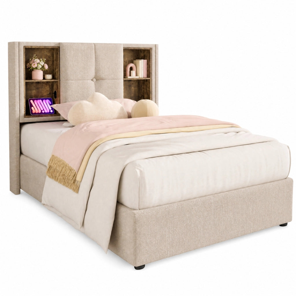 Letto singolo imbottito 90x200 cm in lino naturale con ricarica wireless; USB e contenitore
