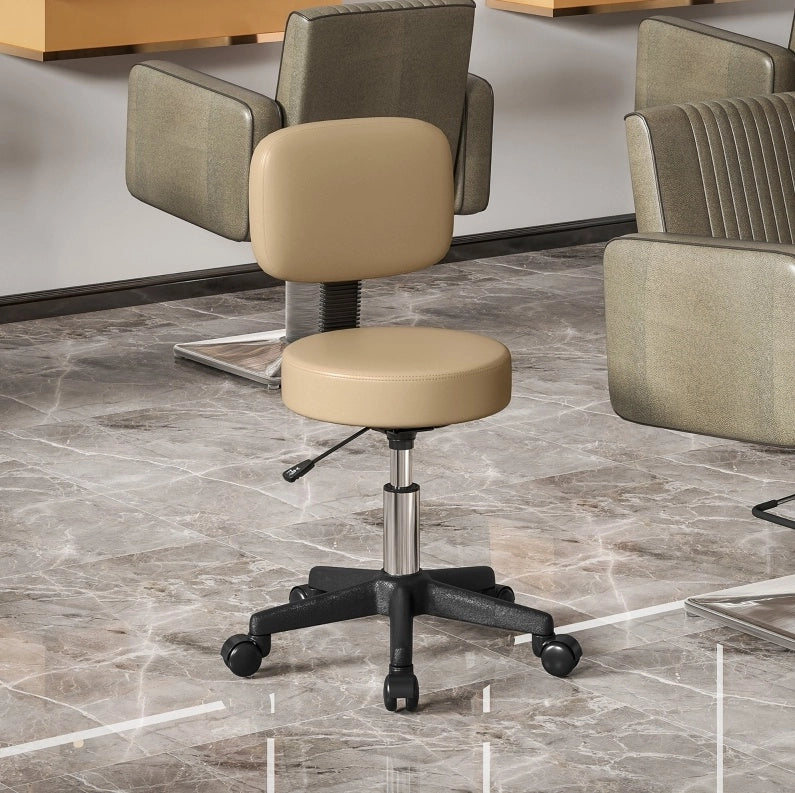 Sgabello da lavoro regolabile in altezza con schienale 72-84 cm, rotazione a 360°, colore marrone chiaro