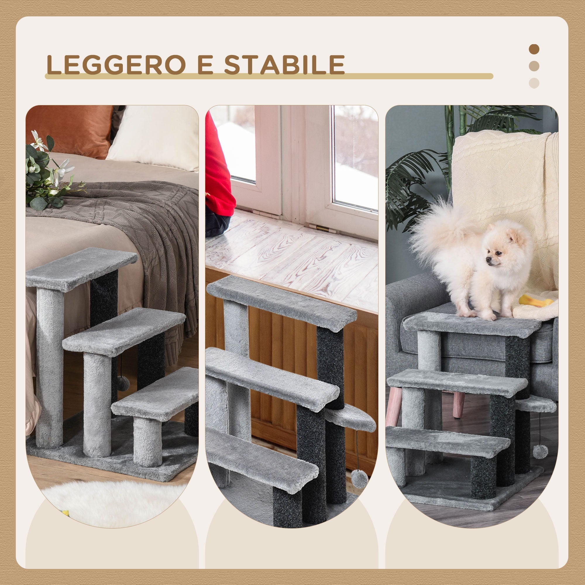 Scaletta per Gatti a 3 Gradini 45x40x48 cm in Flanella Grigio