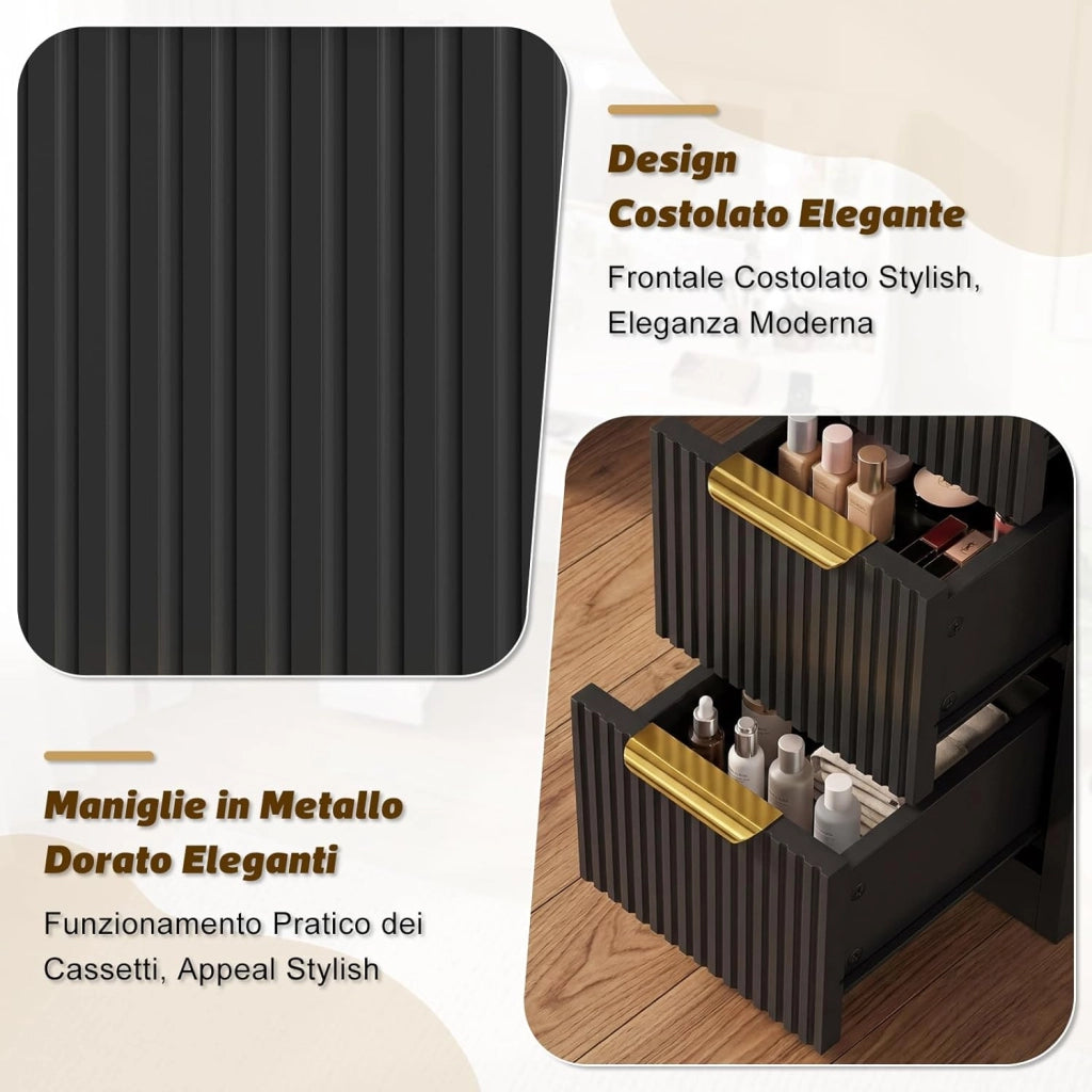 Mobile da Trucco Moderno con Illuminazione e Presa - Grande Comodino con Specchio, 9 Cassetti e Porta Phon, Tavolo Vanity per il Make-up (Nero)