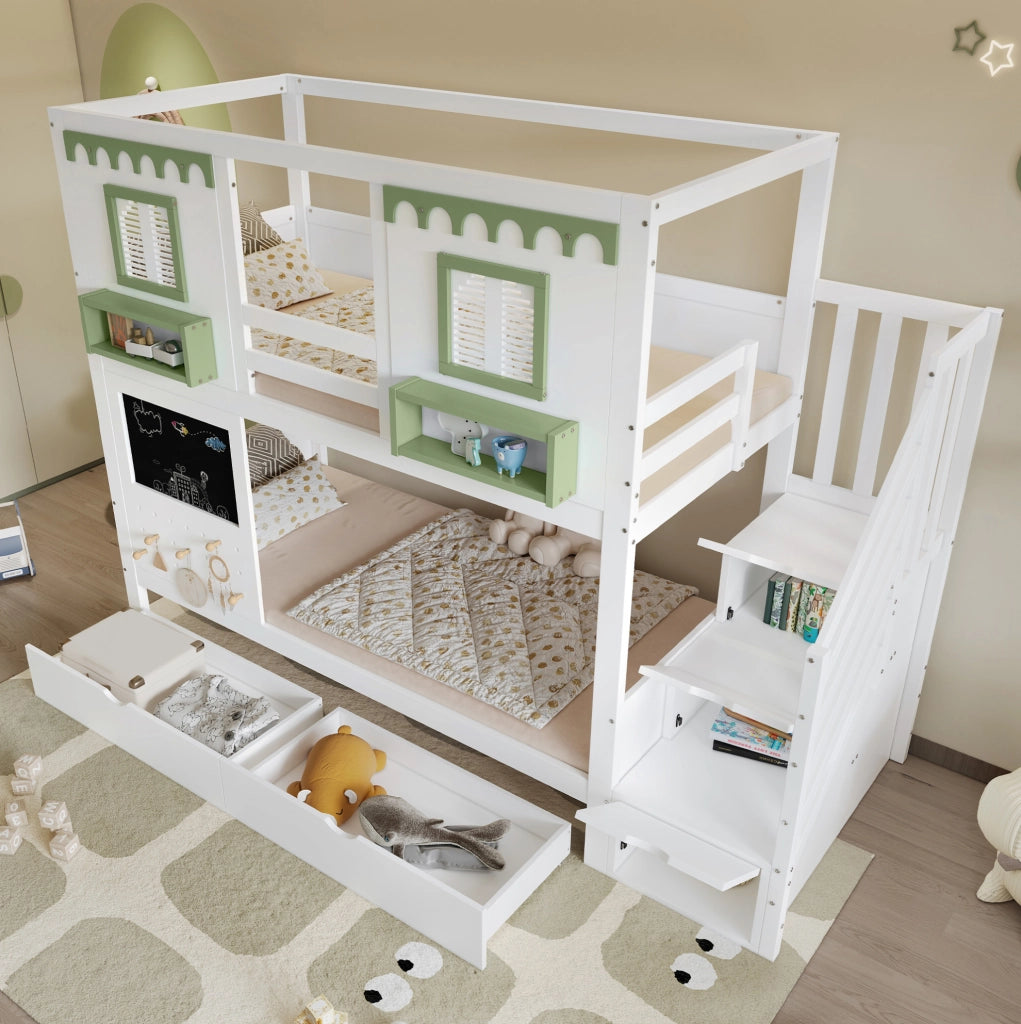 Letto a castello per bambini con cassetti e scala contenitore