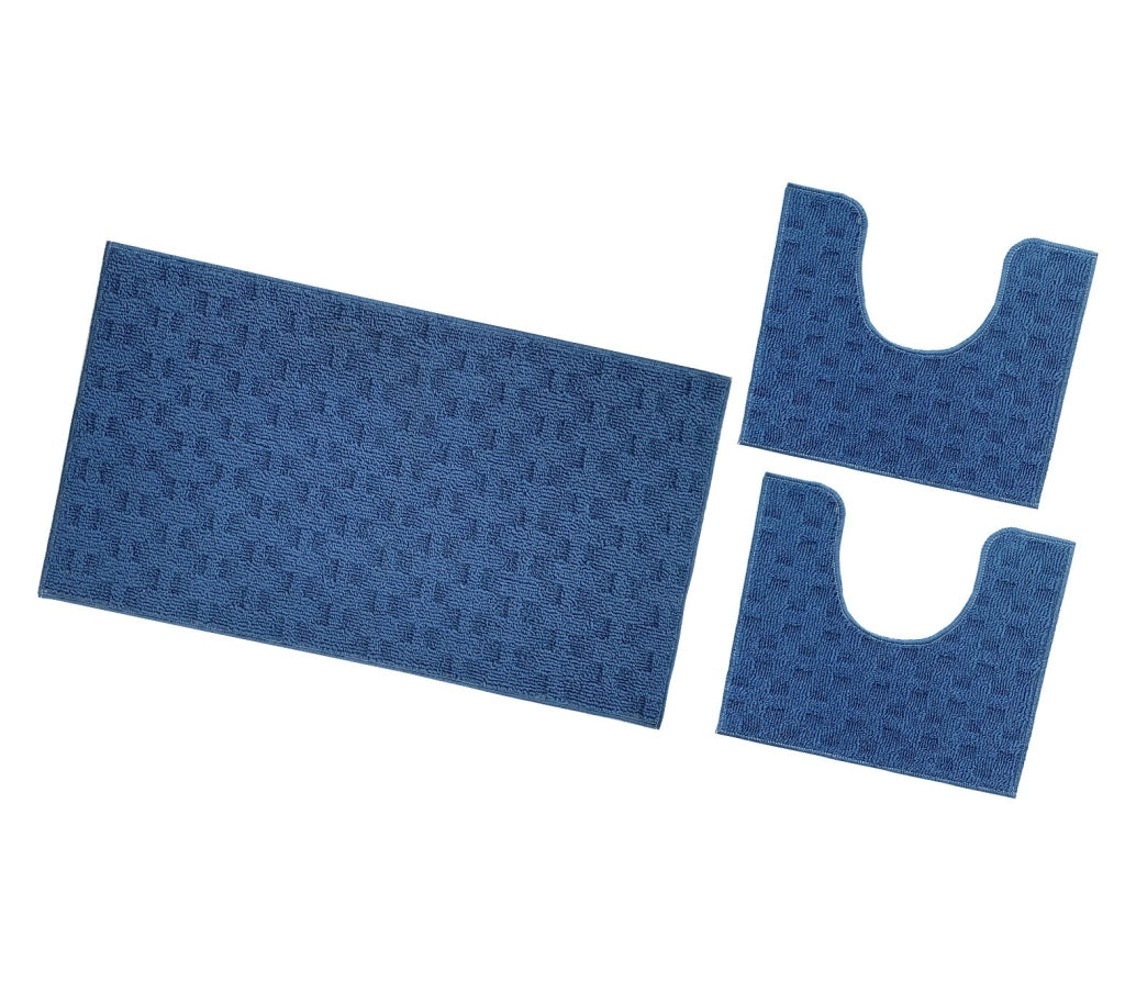 Tappeto Bagno Morbido Assorbente Antiscivolo 3D Intrecciato Lavabile Set 3 Pezzi Blu