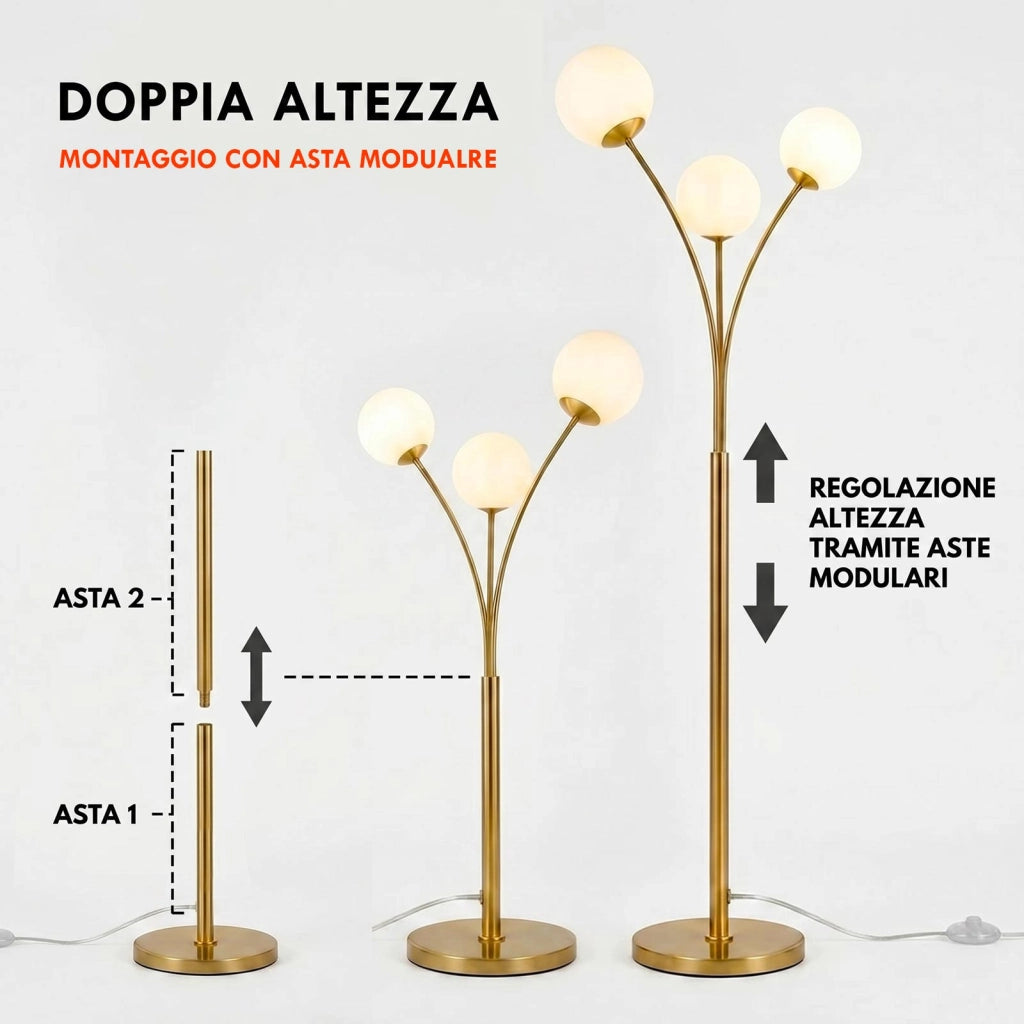 Piantana da Terra a 3 Luci Sfera G9 Lampada di Design per Interni Bronzo con Interruttore a Pedale Luce Salotto Soggiorno 230V