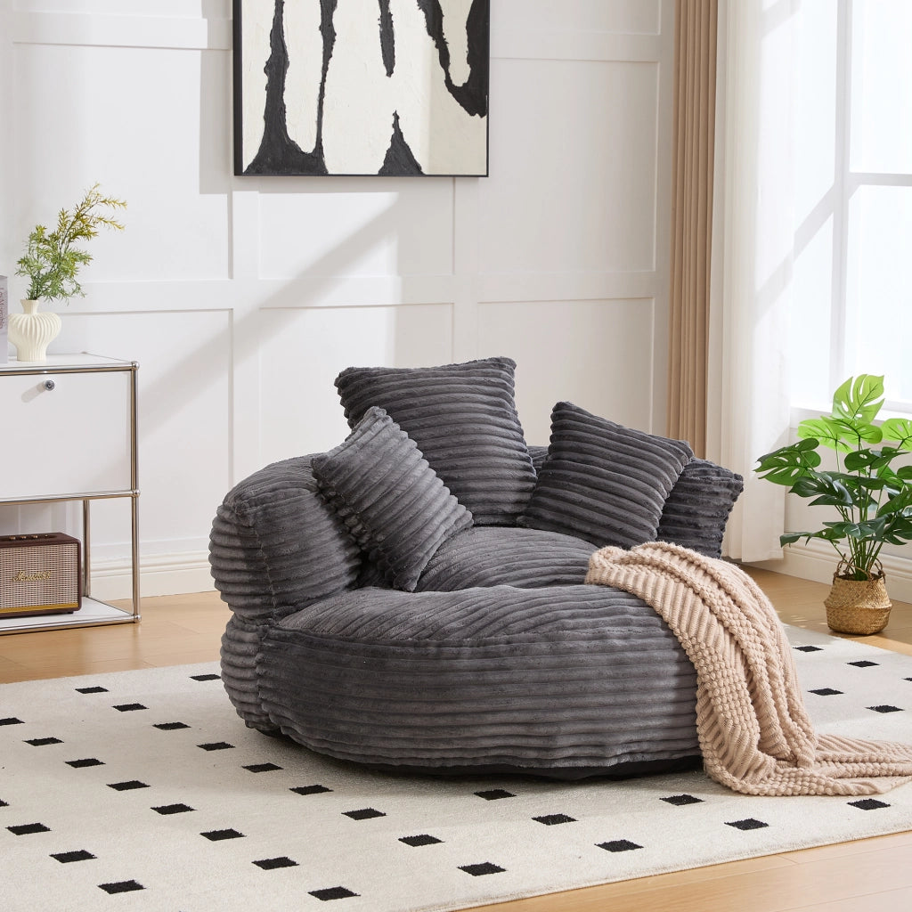 Poltrona Pouf Con Schienale Alto E Braccioli; 3 Cuscini; Seduta Ampia Comfort Lounge; in Velluto A Coste Grigio Scuro