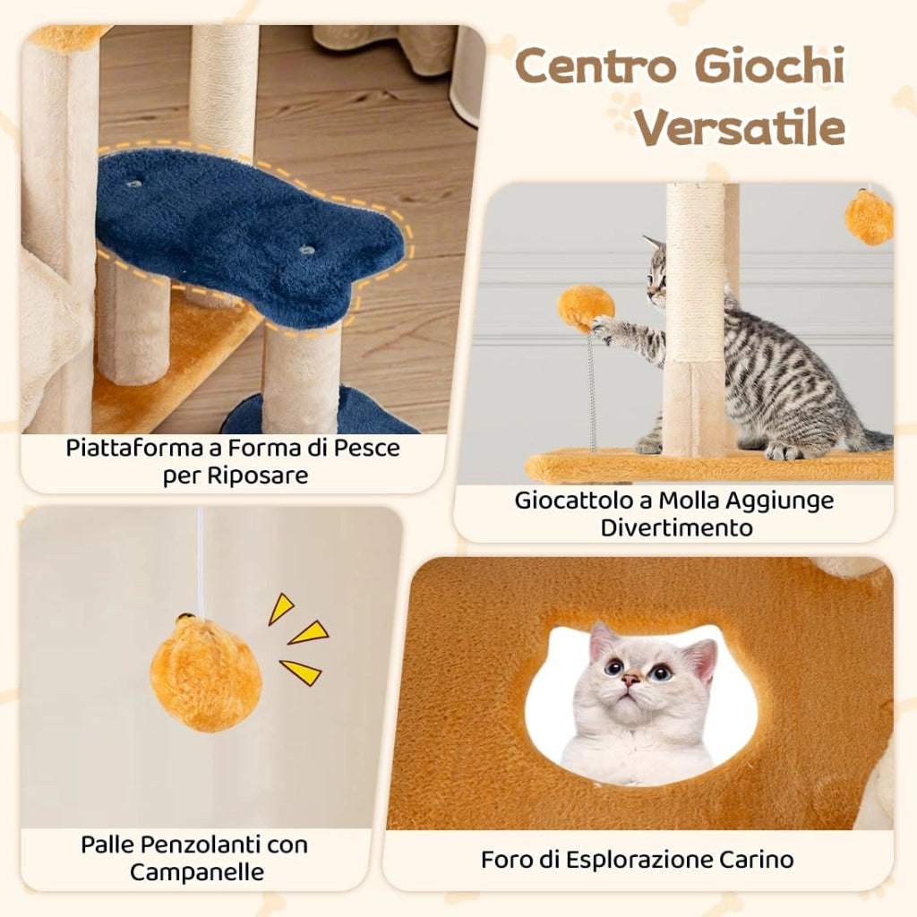 Albero per Gatti da Interno Alto 159 cm, Tiragraffi per Gatti con 2 Condo, Posatoio Morbido Rimovibile e Palo Scratcher in Sisal, Centro Attività Versatile per Animali Domestici