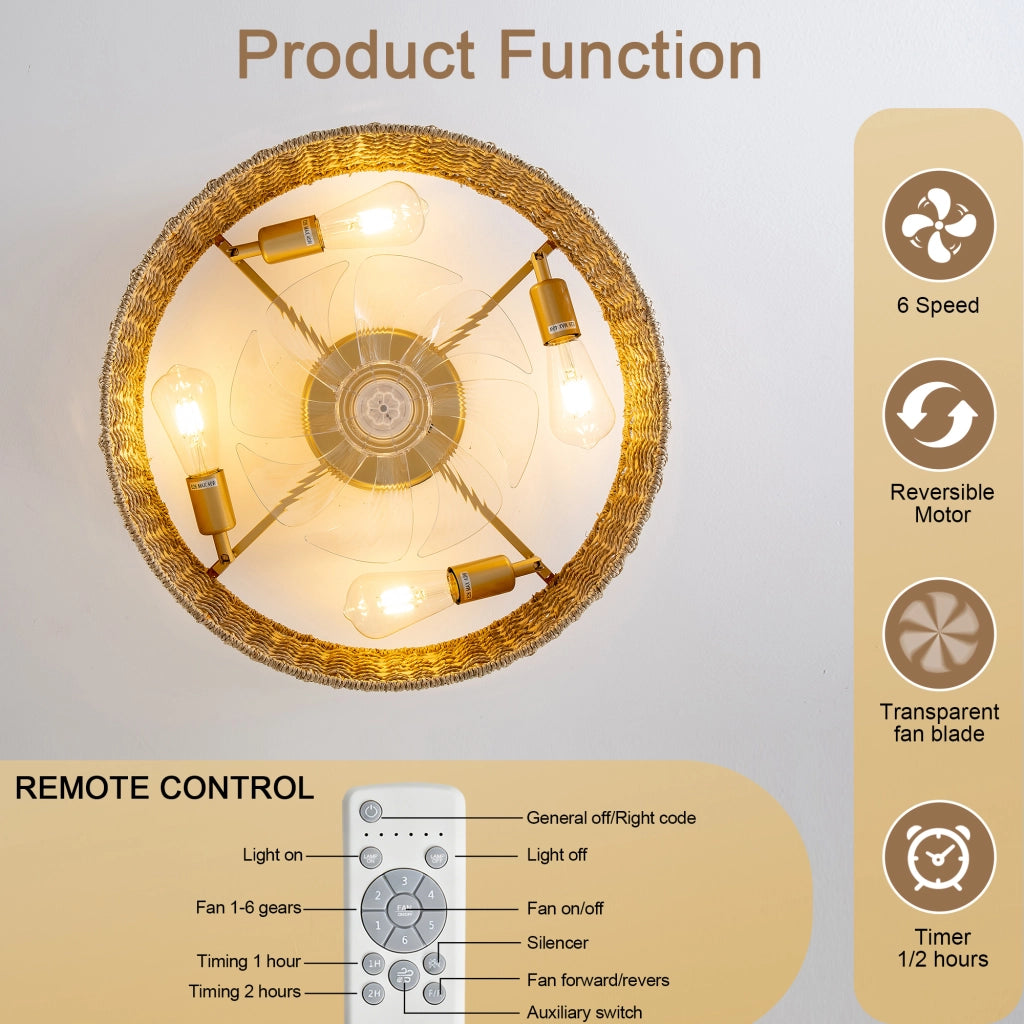 Ventilatore da soffitto 19 pollici con luce, motivo quadri rattan, doppio controllo app e telecomando, 6 velocit¨¤ reversibili, moderno