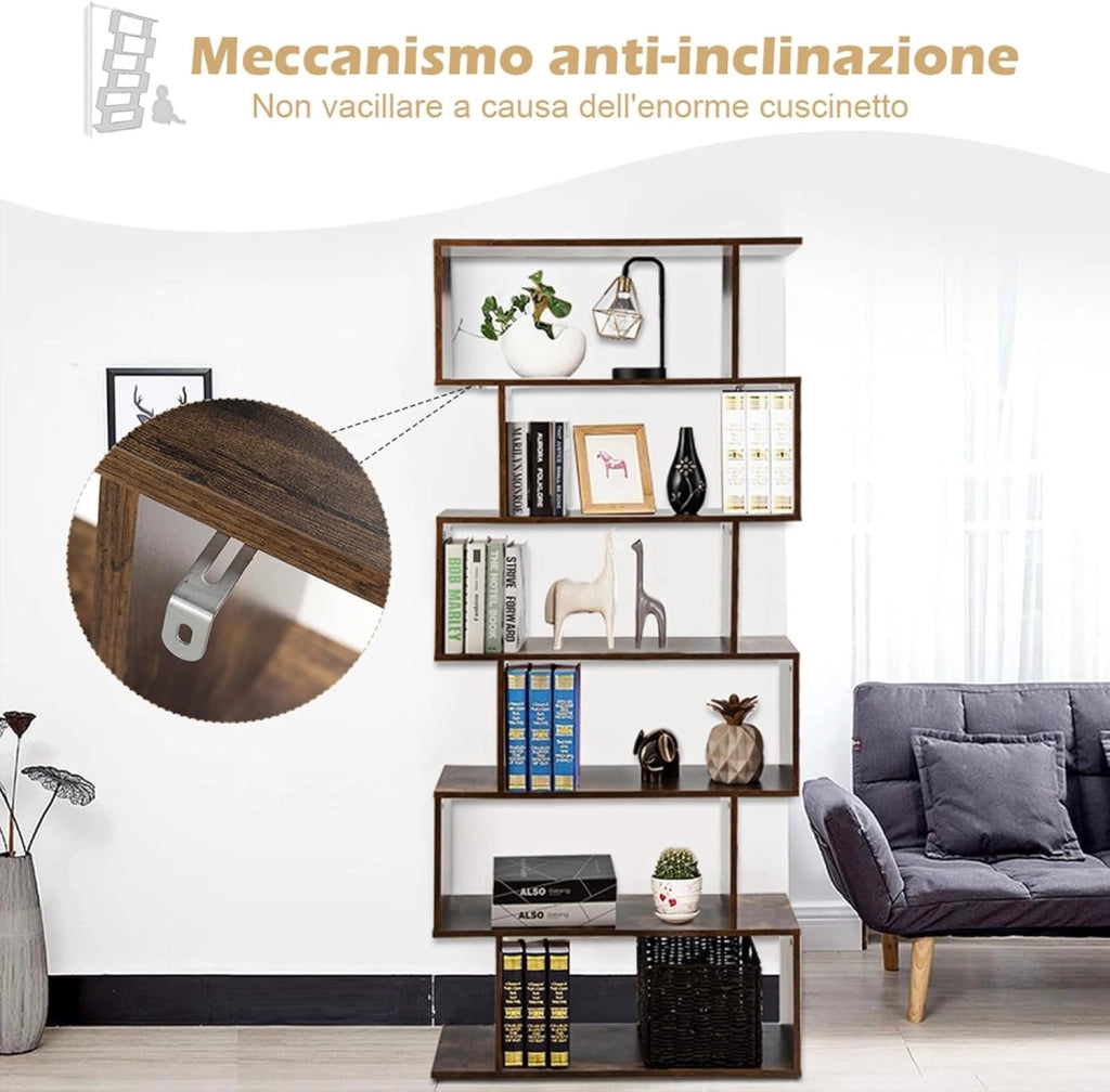 Scaffale a 6 Ripiani, Libreria a Forma di S, Libreria Scaffale da Terra in Legno, Divisorio per Soggiorno, Camera da Letto, Ufficio, 80 x 23 x 192 cm (Caffè)